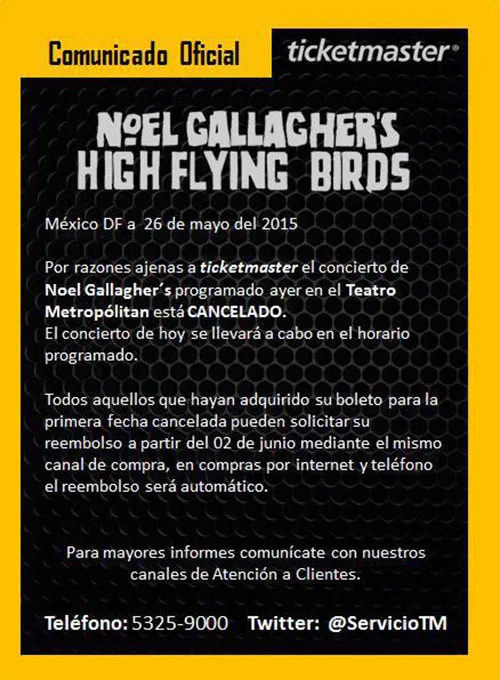 Noel Gallagher Cancelación OCESA