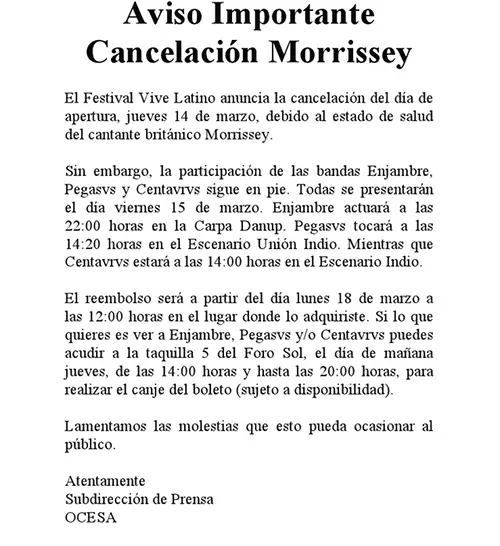 morrissey cancela vive latino